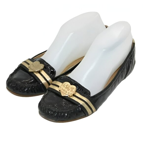 Coach Poppy Black Patent Leather Metallic Gold Logo Heart Flats Loafers Shoes 8 - Picture 1 of 9
